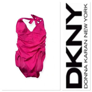 DKNY hot barbie pink one piece swimsuit-ties around neck size 8